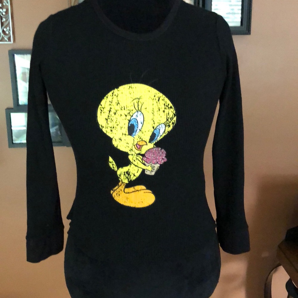 Black Waffle Long Sleeve Top Tweety Bird